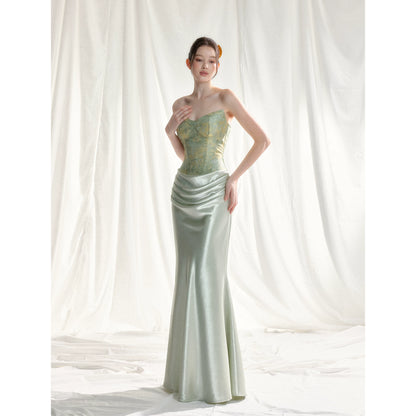 Jade Whisper Jacquard Corset Satin Evening Gown