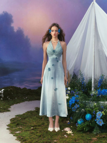 French Resort Halter Blue Floral Satin Dress