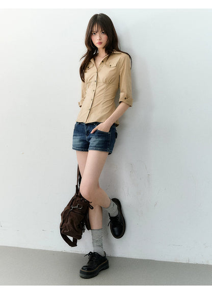 Waist-Cinched Mid-Sleeve Fitted Pocket Shirt