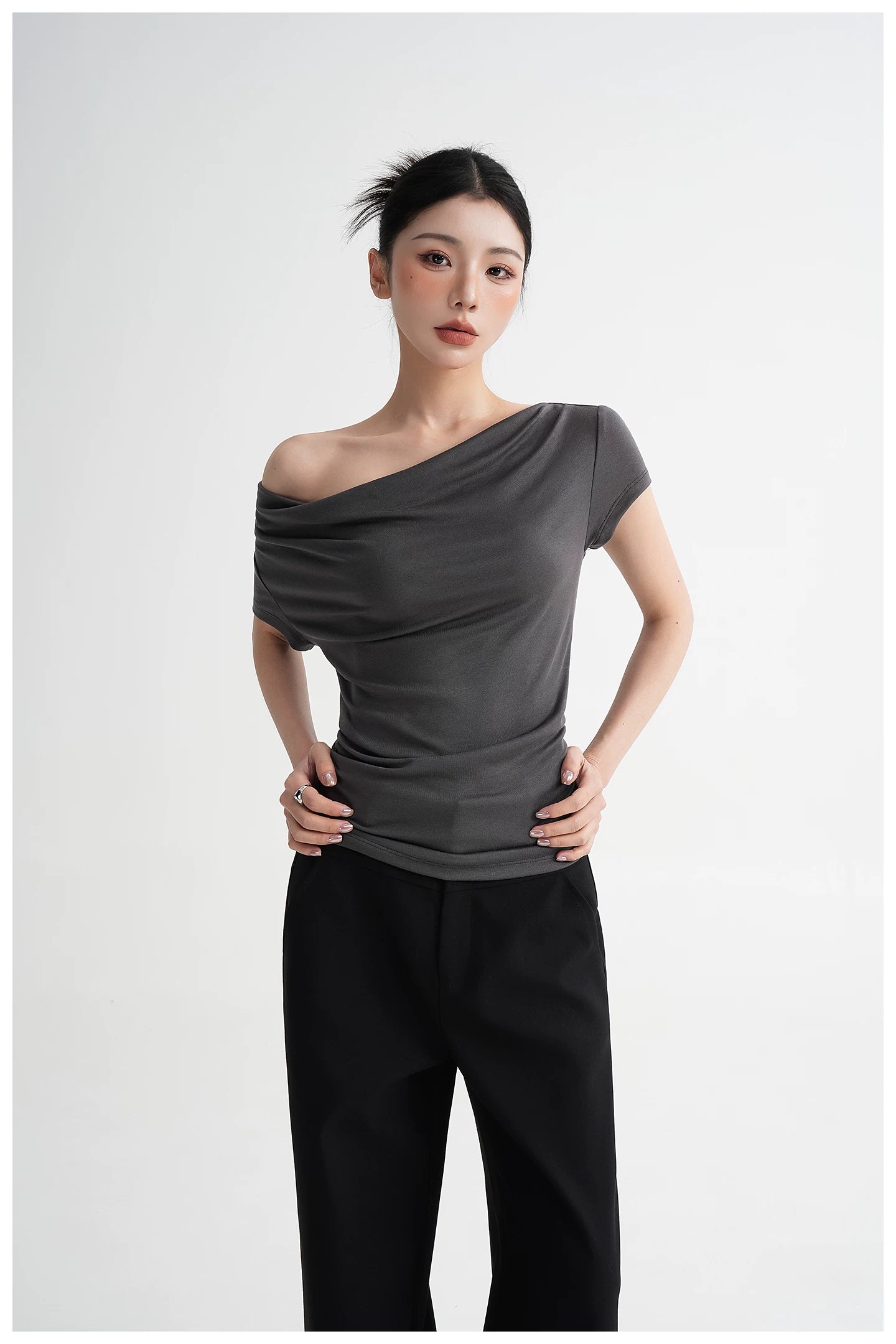 Draped Off-Shoulder Fitted Short Sleeve T-Shirt