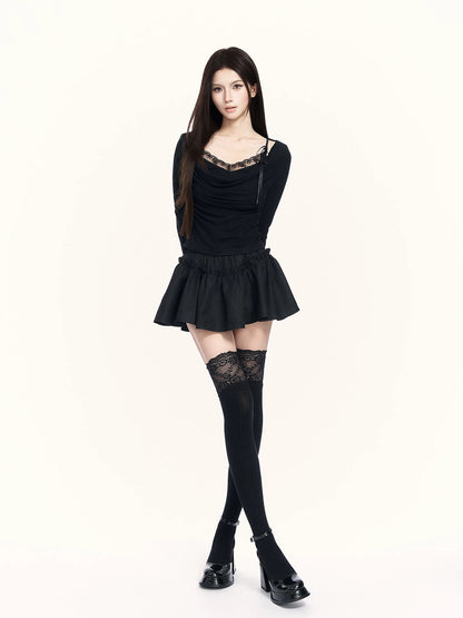 Cowl-Neck Faux Two-Piece Knit Base Layer