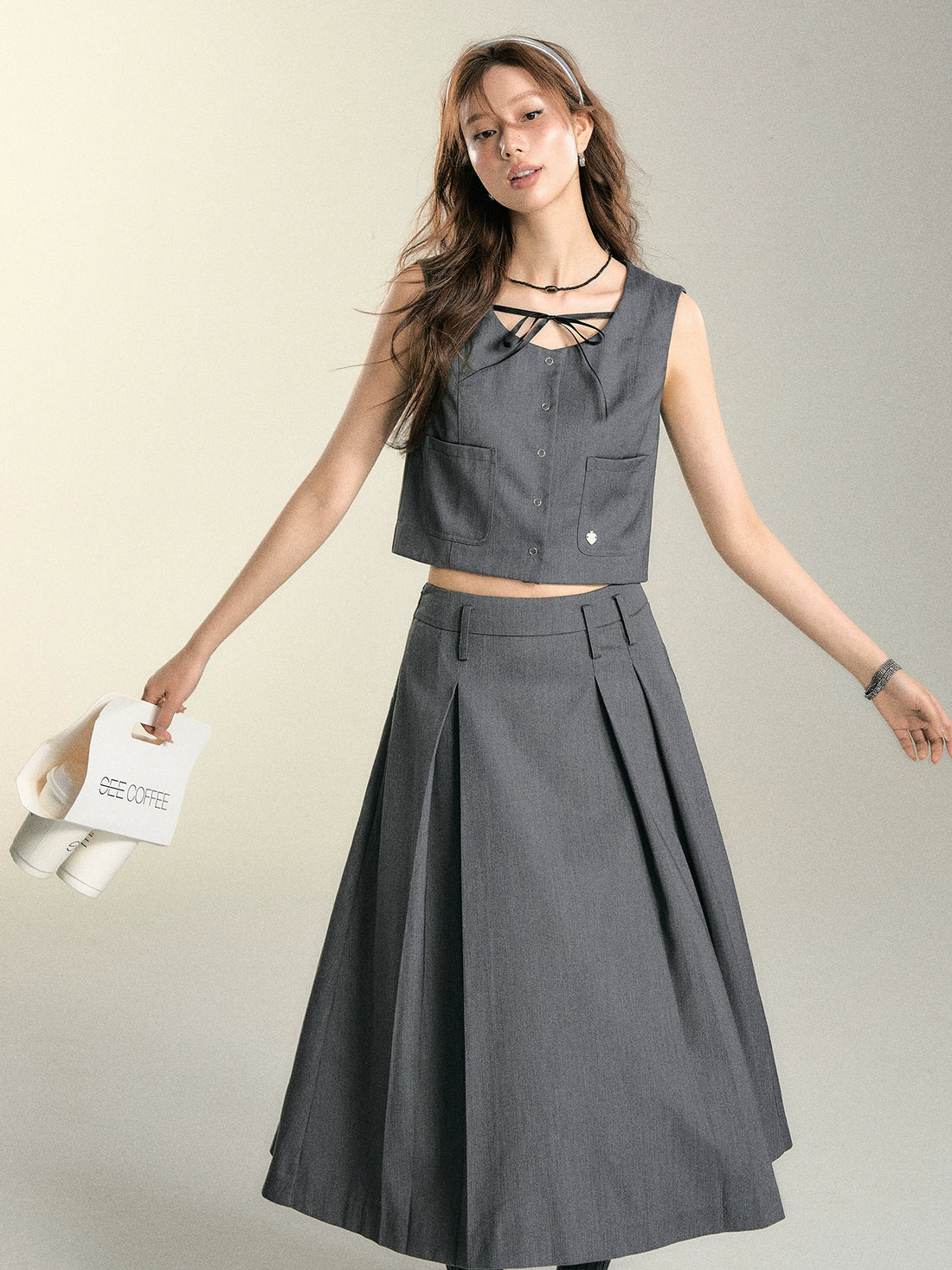 Gray Lace-up Bow Vest &amp; Asymmetrical Pleated Skirt