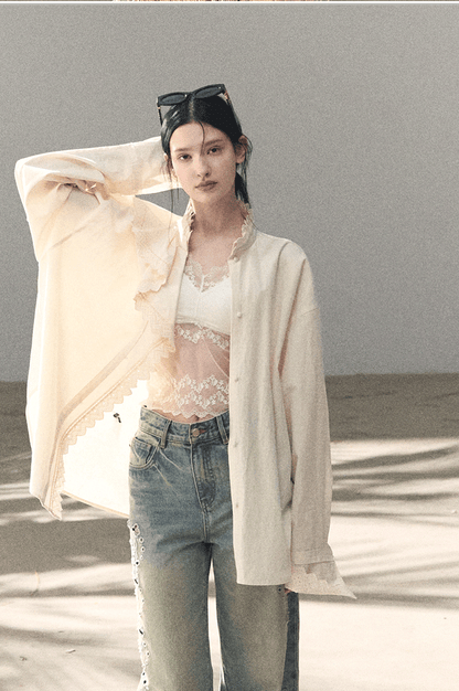 Washed Straight-Leg Wide Denim Pants