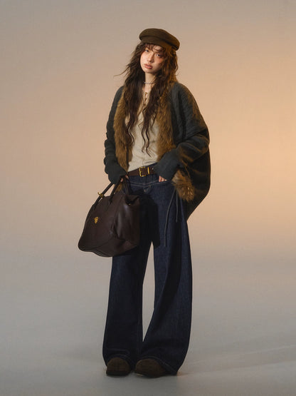 Tie-Detail Batwing Faux Fur Collar Sweater