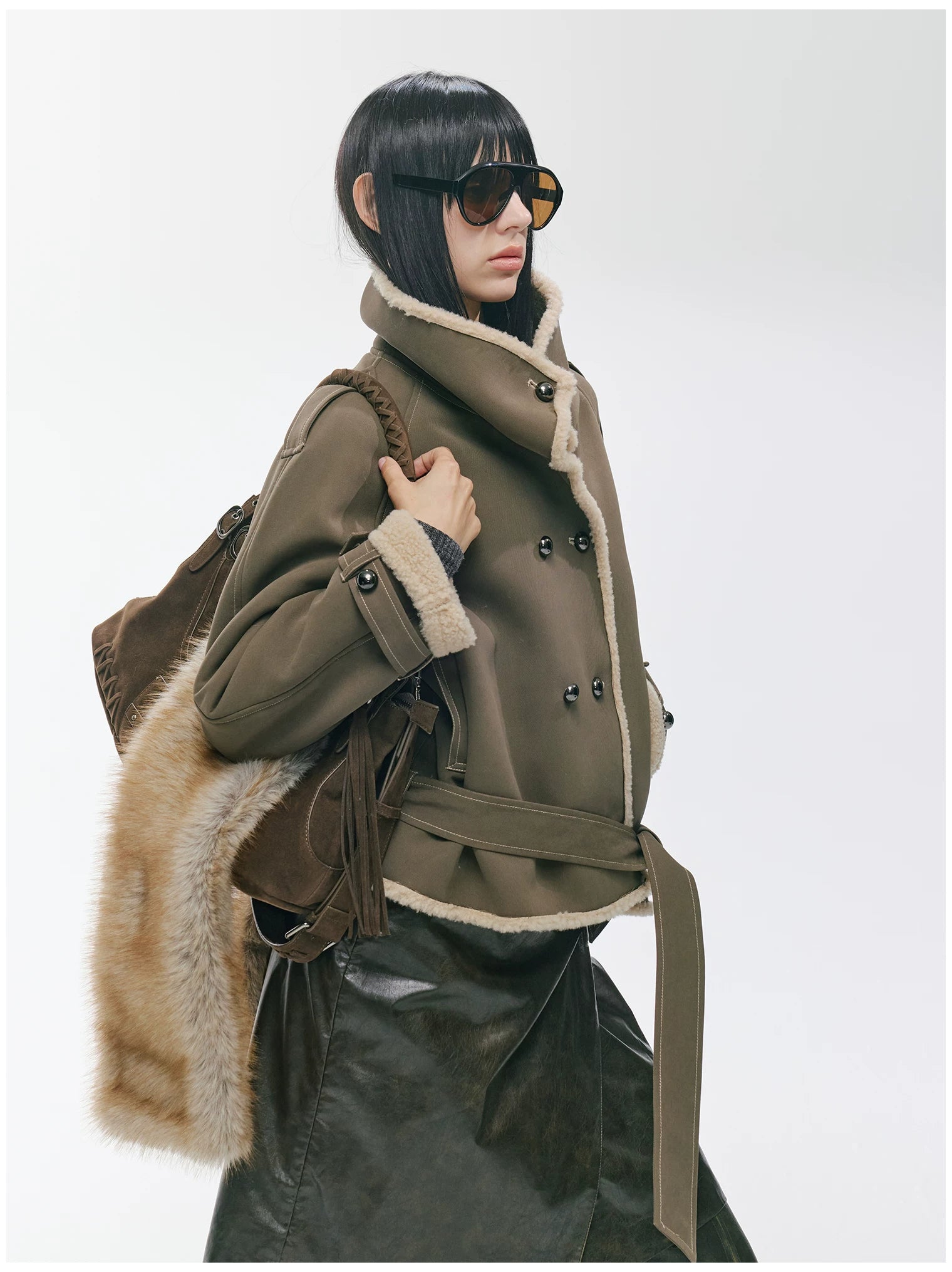 Contrast Fleece-Panelled Shearling Short Coat