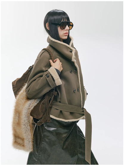 Contrast Fleece-Panelled Shearling Short Coat