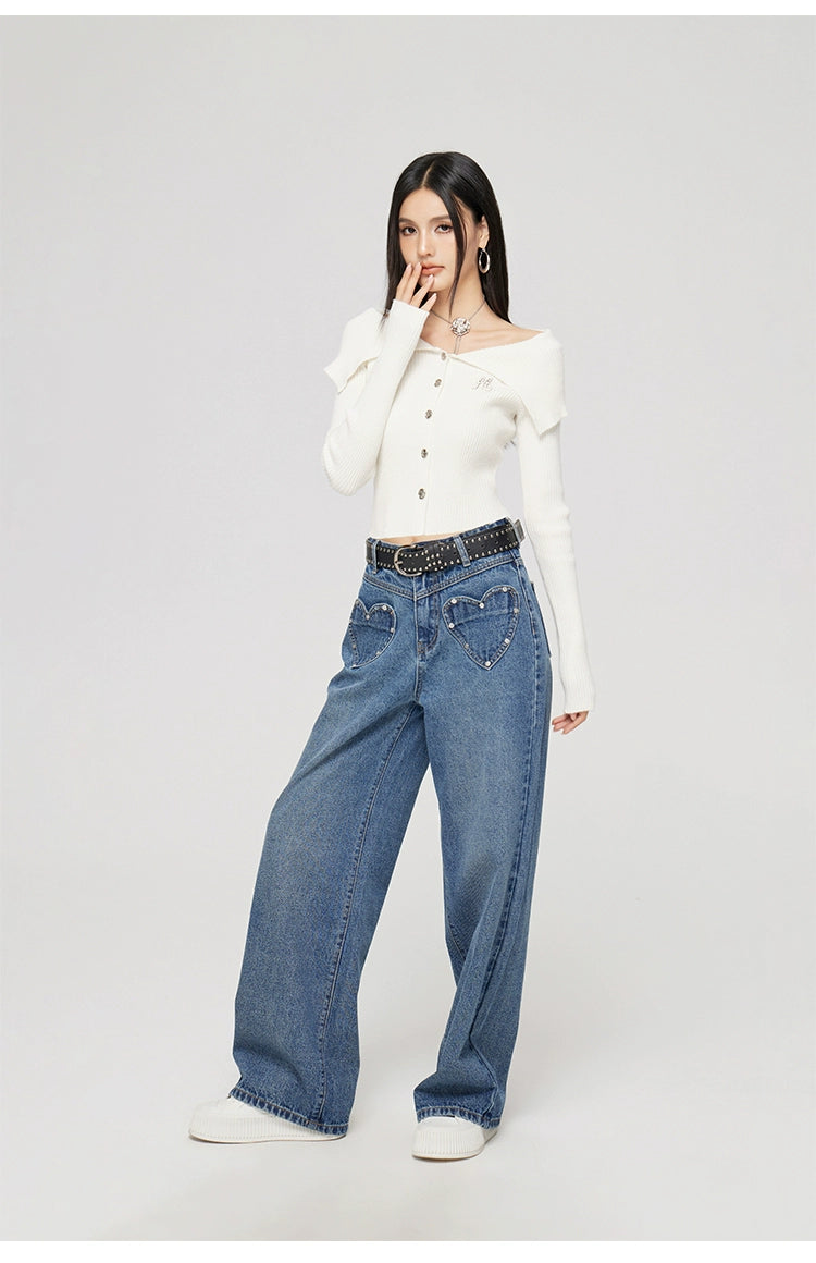 Heart-shaped Pocket Wide Leg Jeans - CHINASQUAD