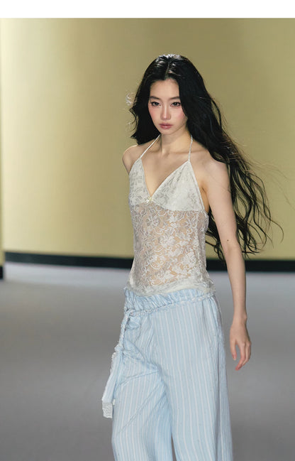 Hand-Braided Drawstring Striped Wide-Leg Trousers