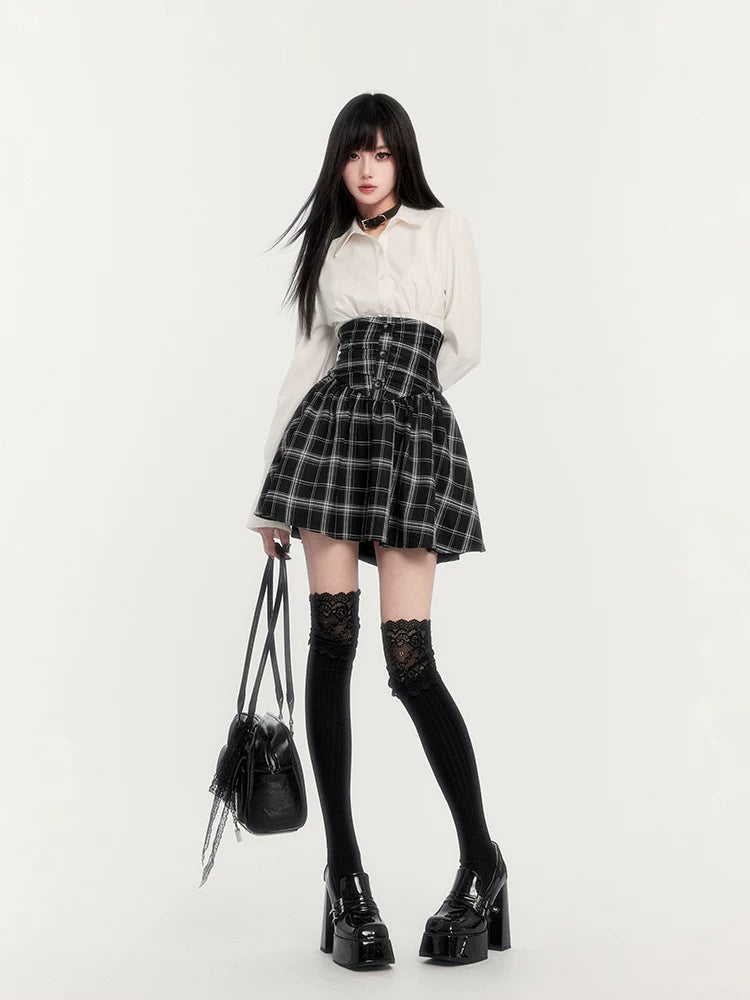 High-Waist Corset Plaid Suspender Skirt