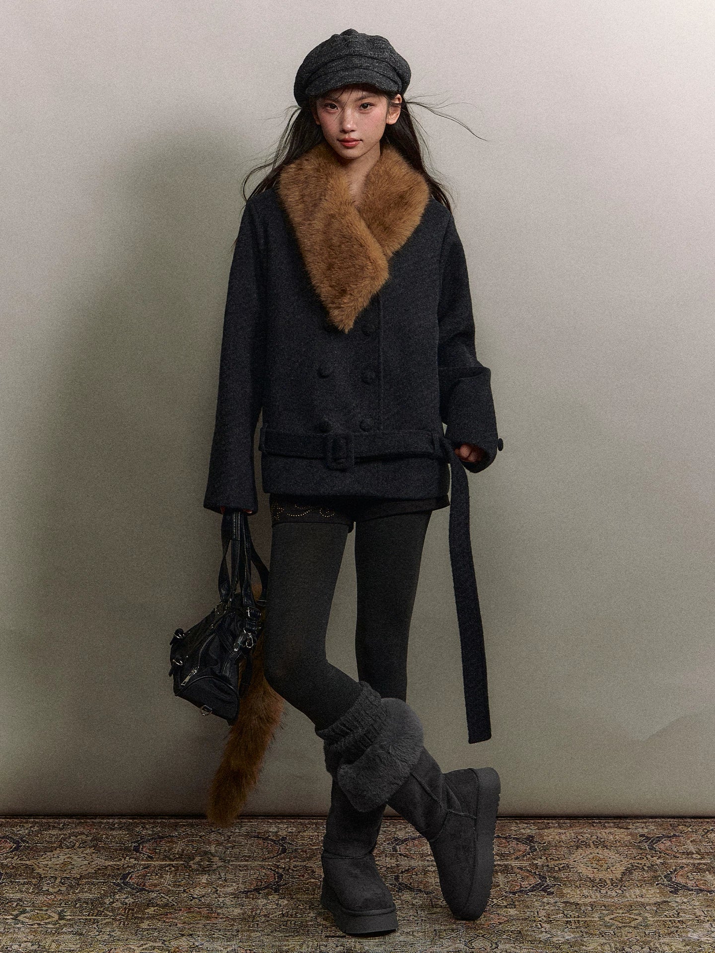 Fur-Collar Double-Breasted Wool Jacket