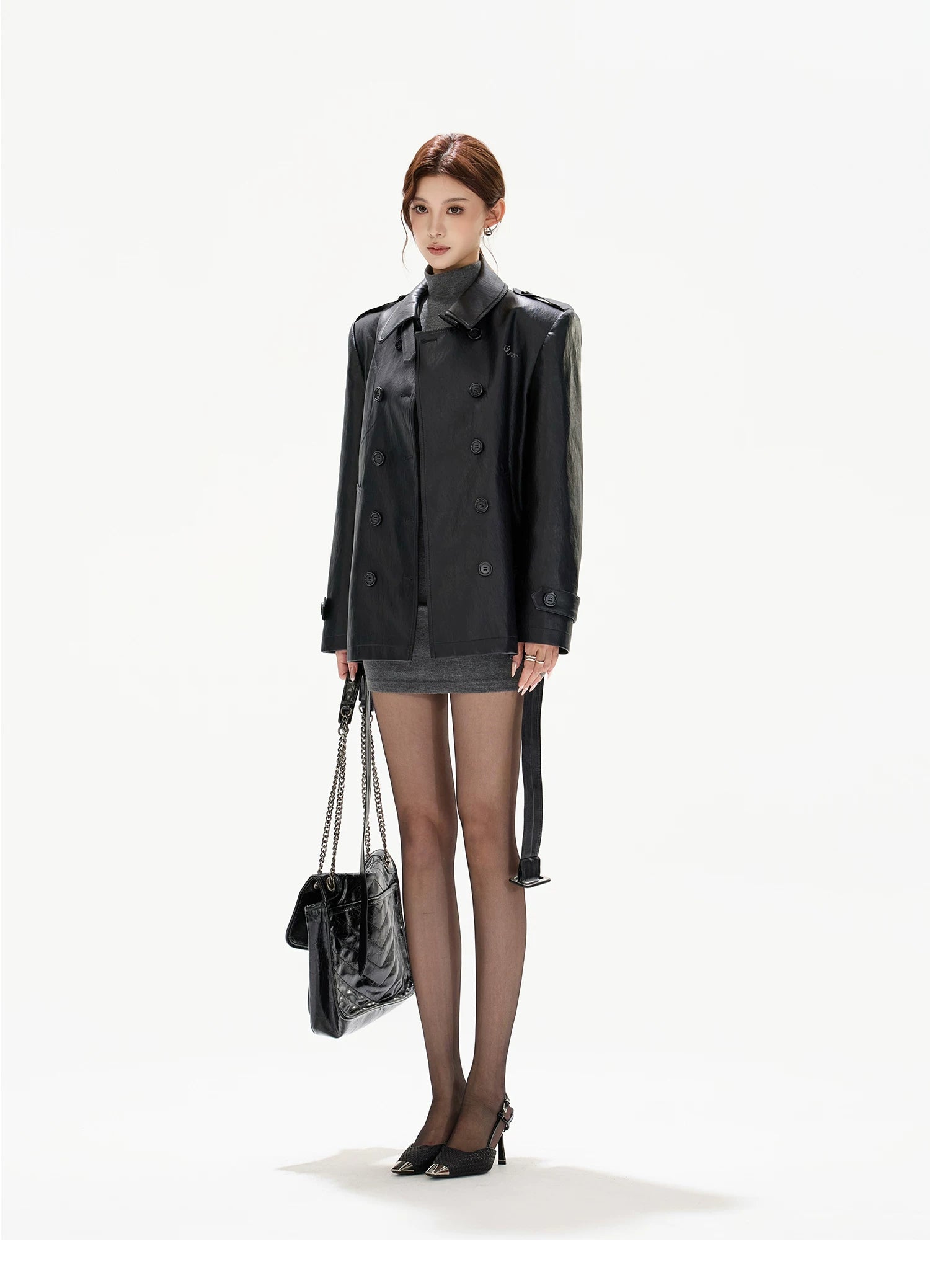 Double-Breasted Belted Faux Leather Jacket