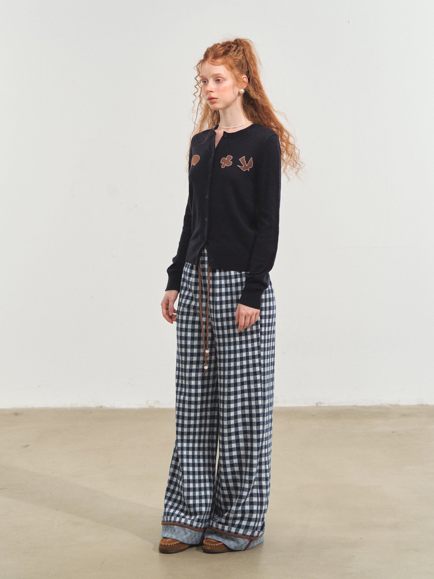 Checkered Cuff Wide‑Leg Pants