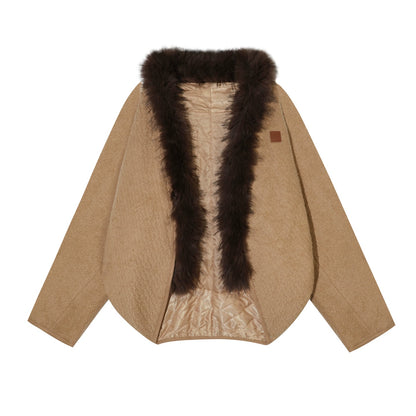 Wool-Blend Fur-Trim Cape Jacket