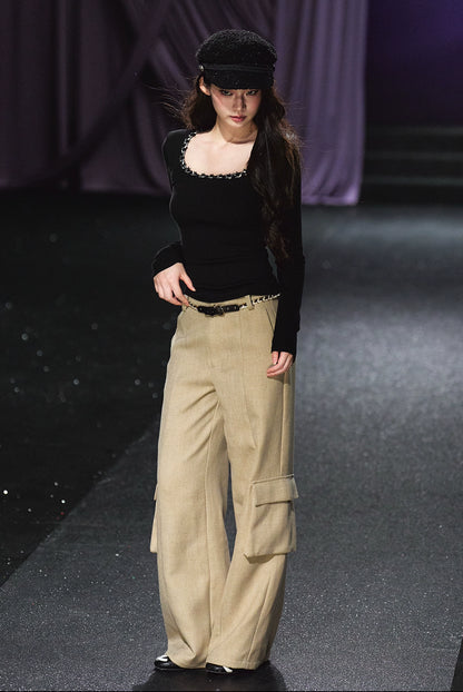 Tweed Braided Belt High-Waist Wide-Leg Pants