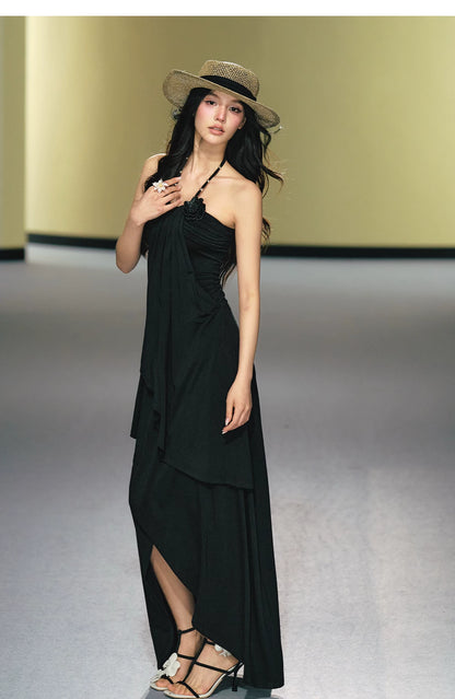Blush Layered Halter Draped Maxi Dress