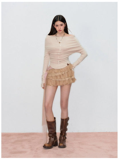 Off-Shoulder Long-Sleeve Knit T-Shirt