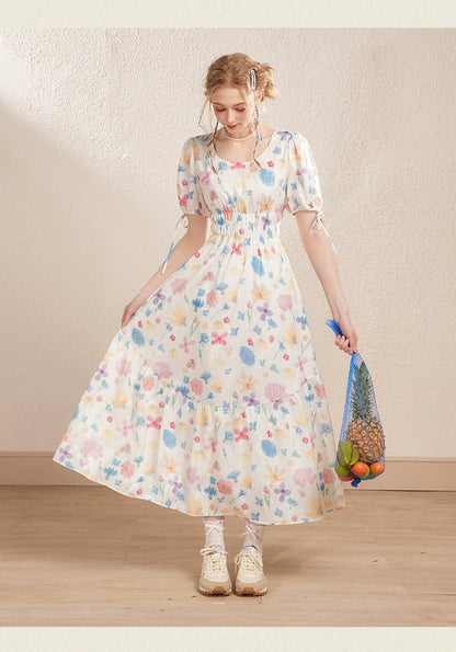 White Floral Puff Sleeve Round Neck Dress