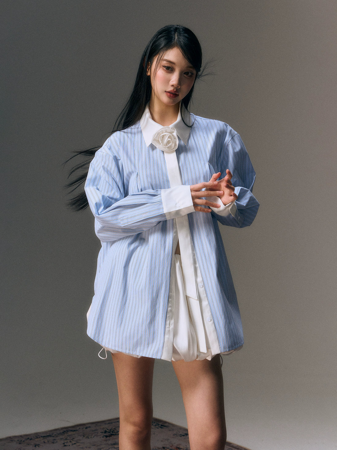 Blue Striped 3d Flower Decor Shirt &amp; Skirt Set - CHINASQUAD