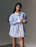 Blue Striped 3d Flower Decor Shirt & Skirt Set - CHINASQUAD