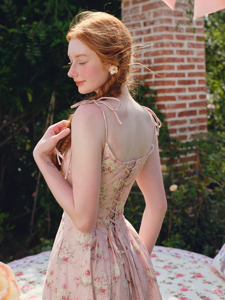 French Sweet Floral Corset Slip Pink Dress