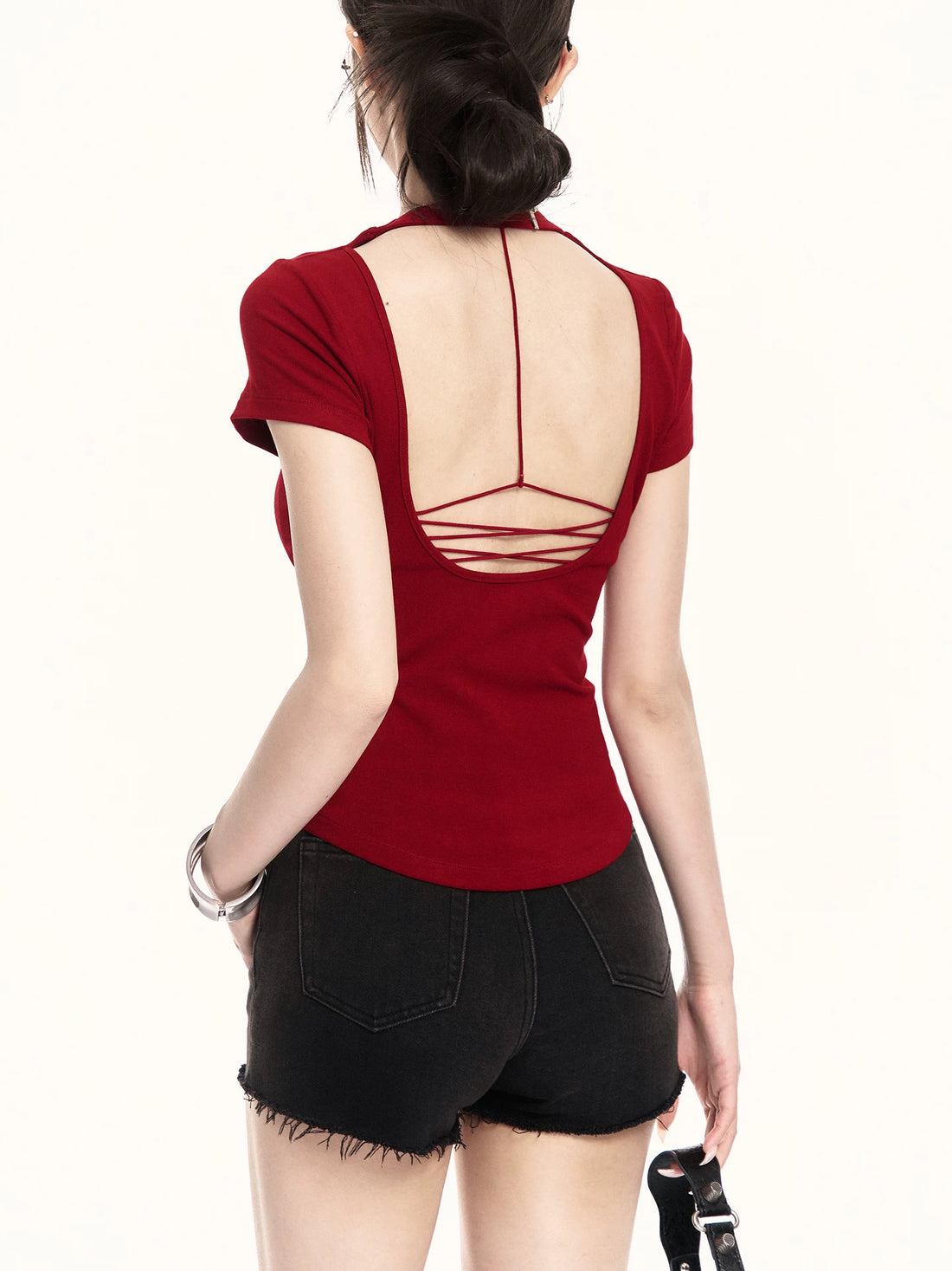 Backless Lace-Up Slim Fit Cropped T-Shirt