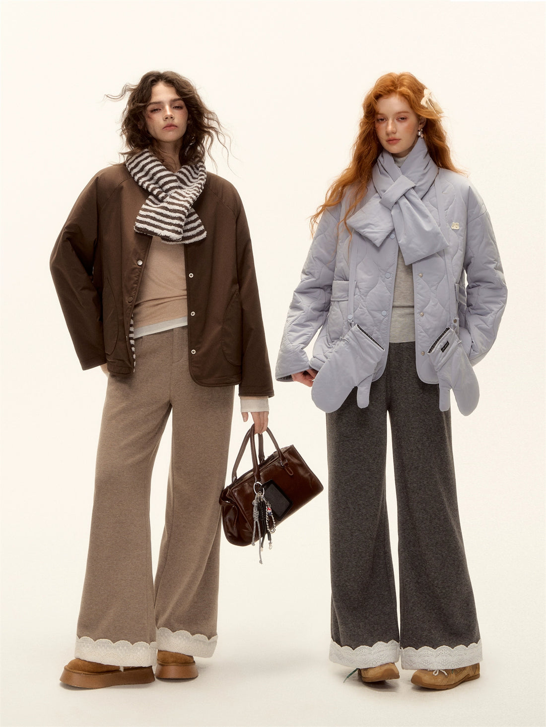 Embroidered Hem Wool Blend Wide-Leg Trousers