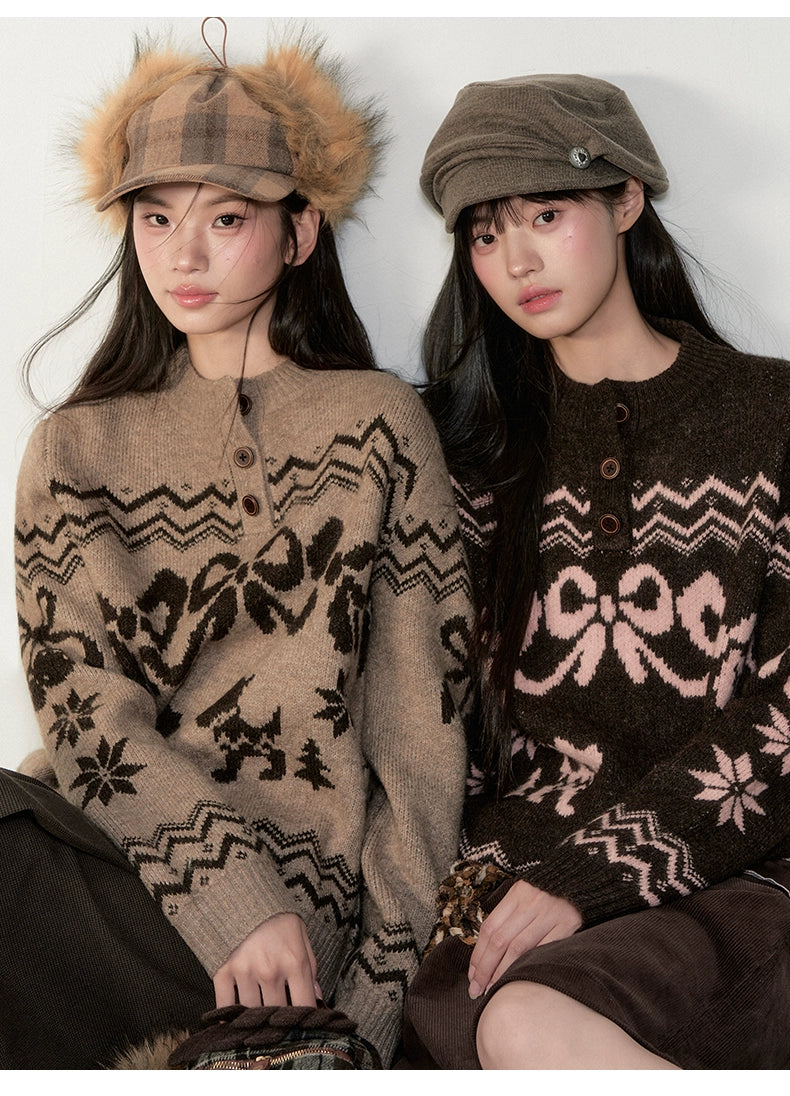 Fair Isle Bow Knit Henley Crewneck