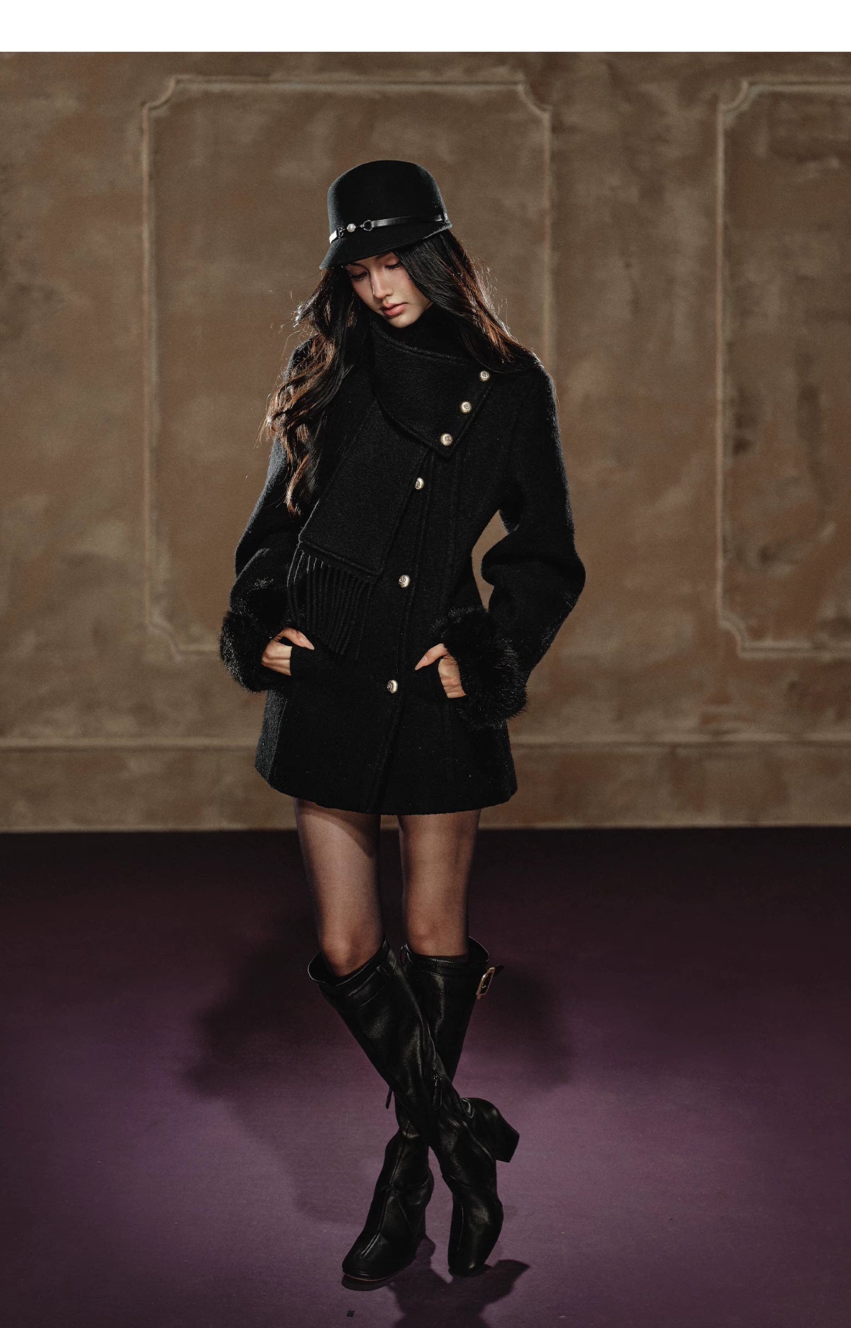 Detachable Fringe Scarf Hourglass-Waist Wool Coat