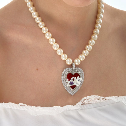 Cat Heart Enamel Pearl Necklace