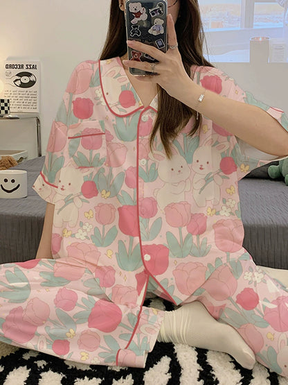 Three-piece Set of Silk Short-sleeved Pajamas