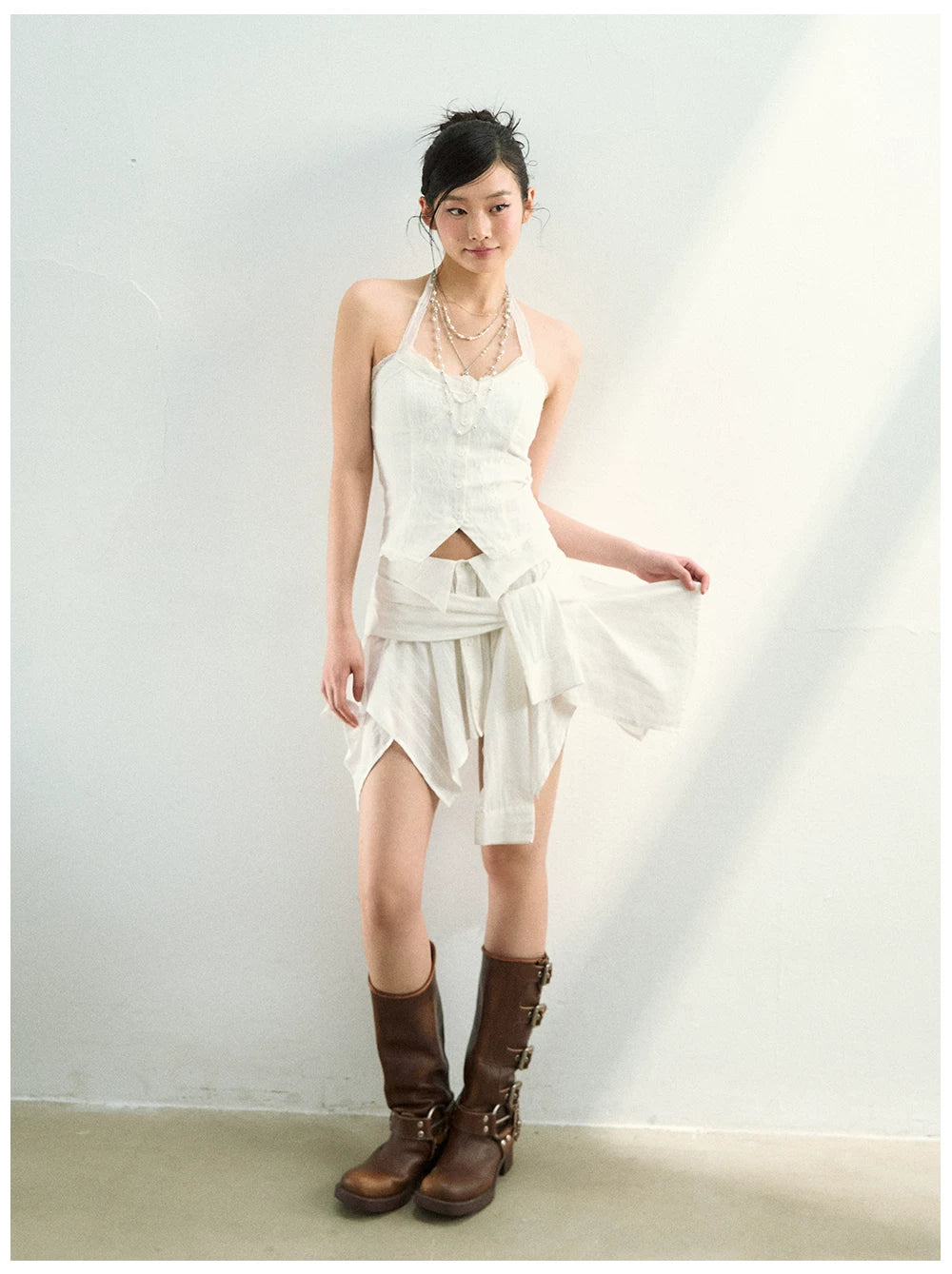 Lace-Panel Camisole Shirt &amp; Skirt Three-Piece Set
