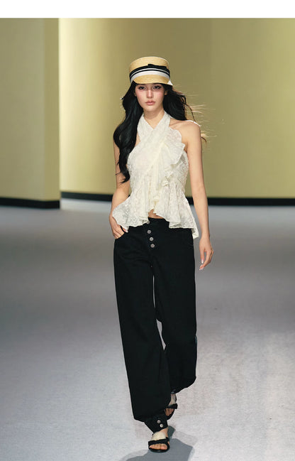 Asymmetric Placket Straight-Leg Denim Trousers