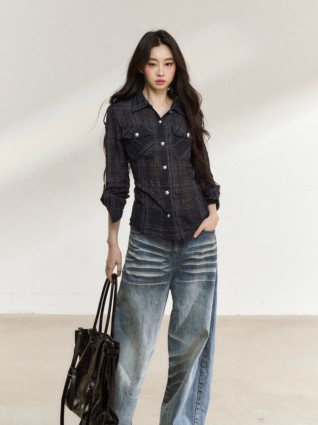 Asymmetric Plaid Cotton-Linen Shirt
