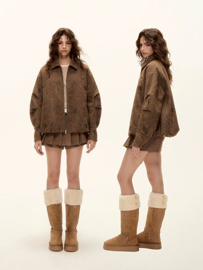 Sequin Embroidered Plaid Wool Blouson Jacket