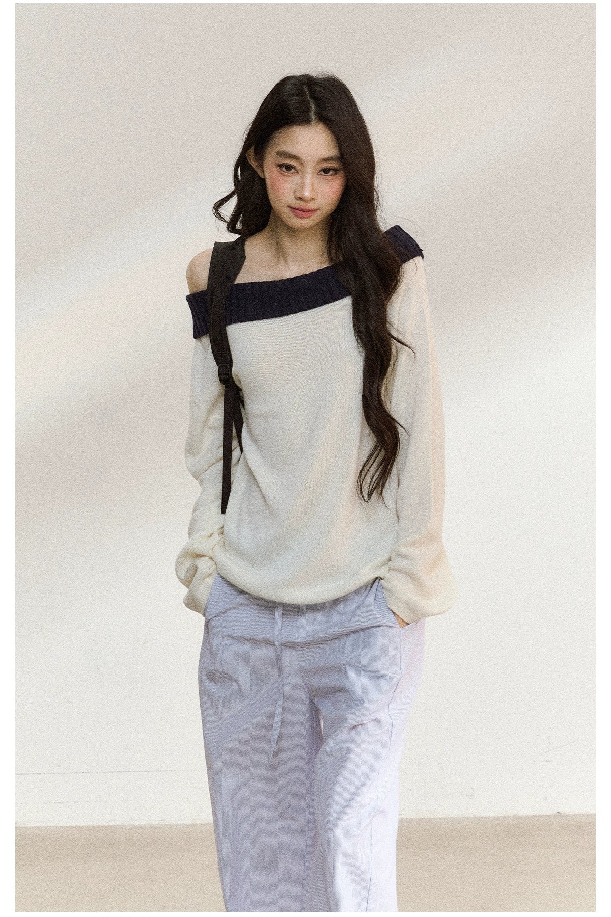 Two-Tone Asymmetric Off-Shoulder Knit Sweater