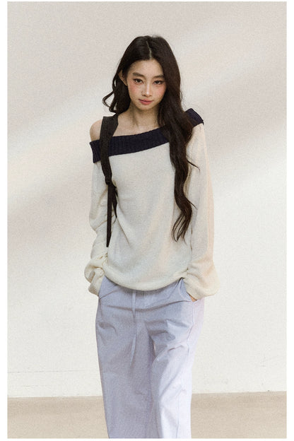 Two-Tone Asymmetric Off-Shoulder Knit Sweater