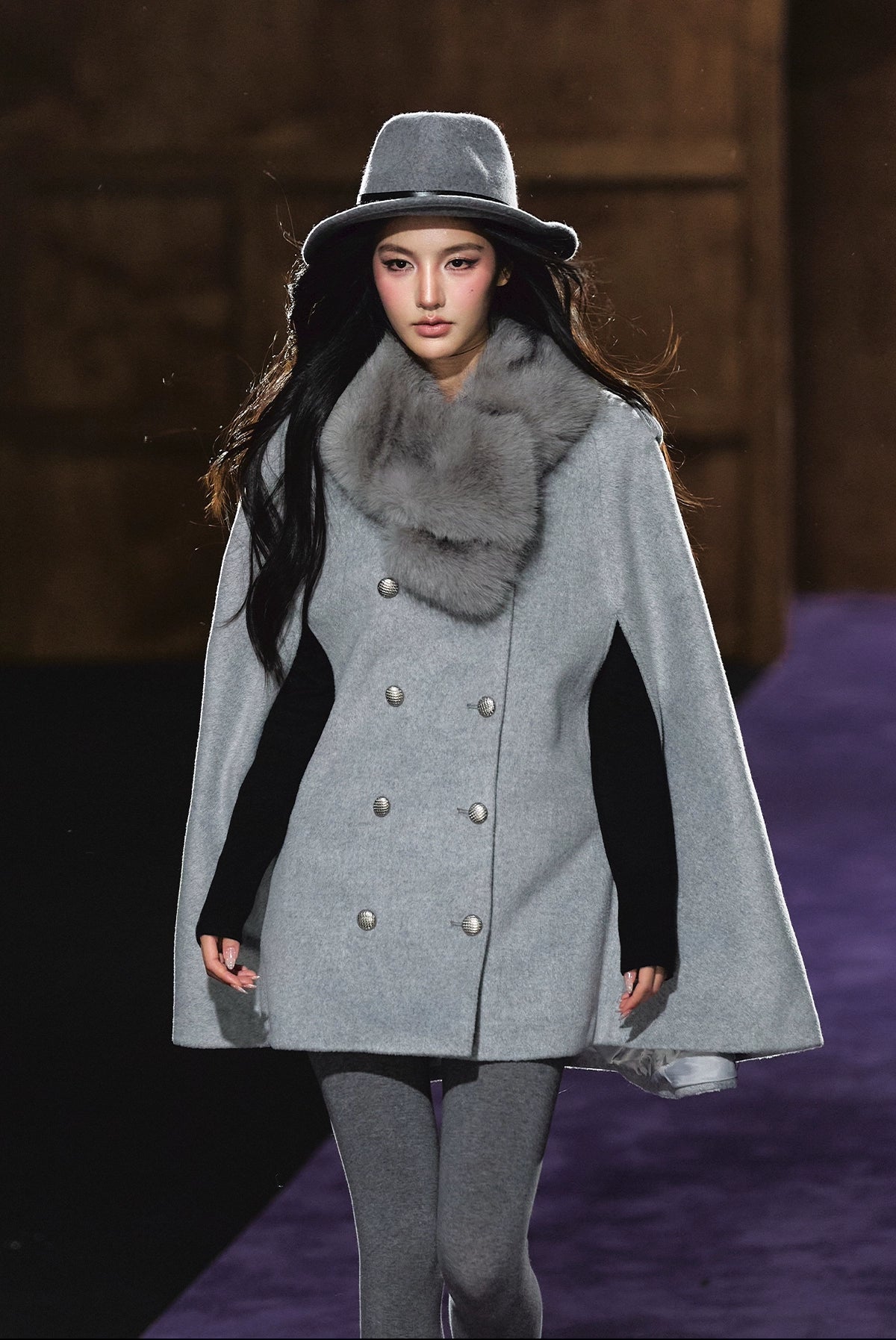 Wool-Blend Detachable Fur-Collar Cape Coat