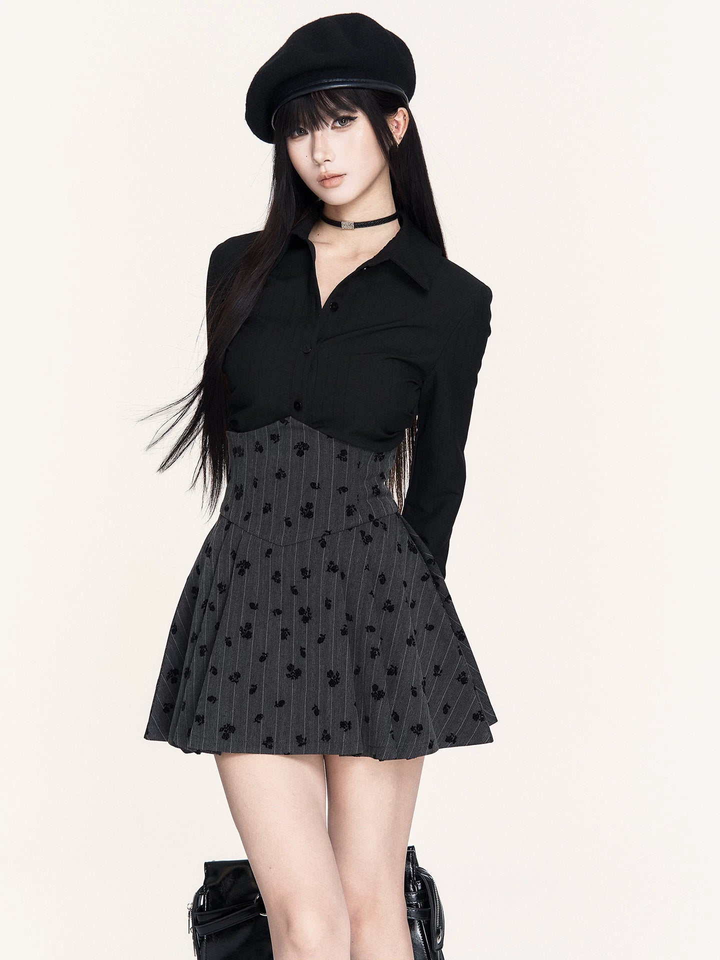 Striped Lace-Panel Waist-Defining Shirt