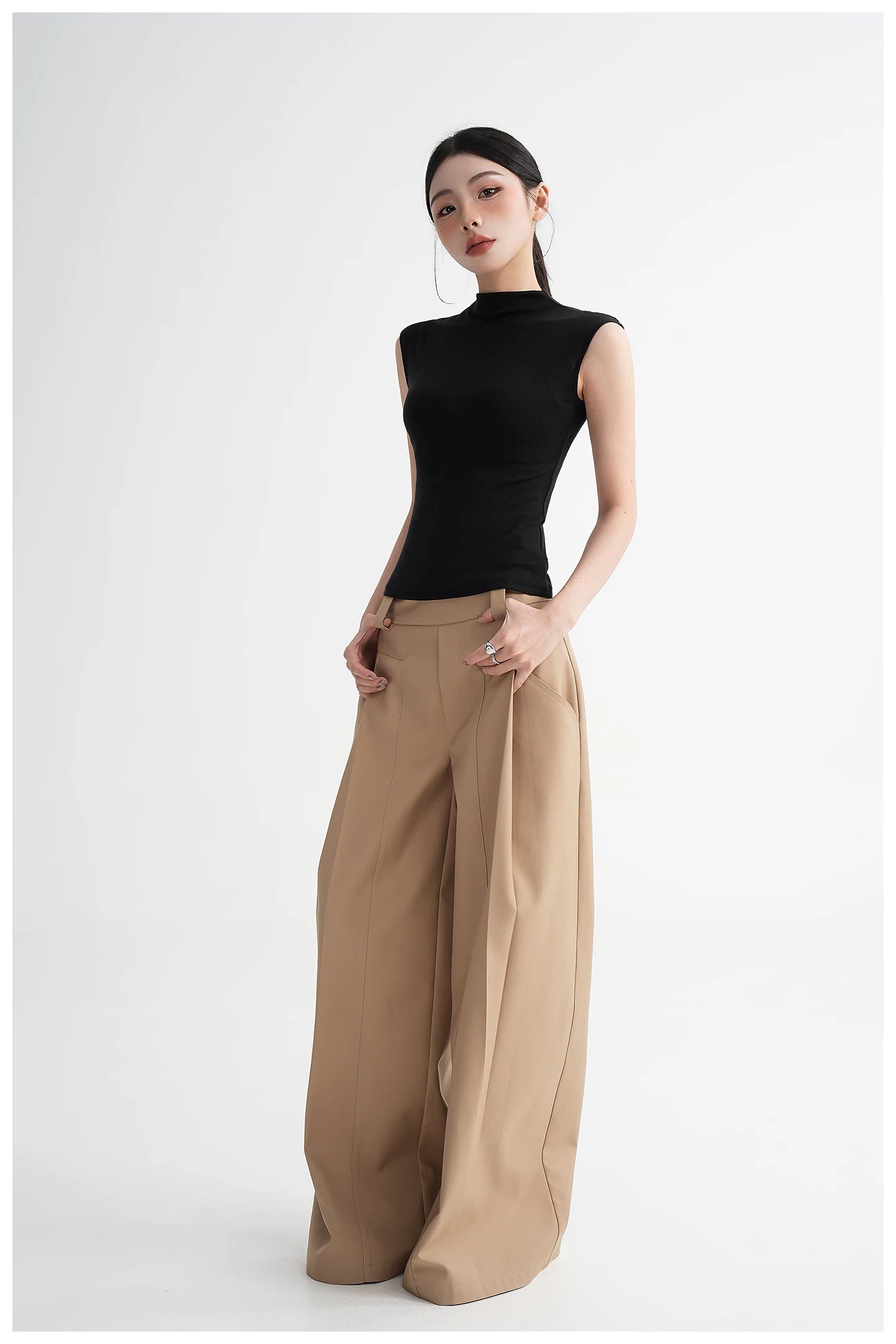 Silk Lyocell High-Neck Sleeveless Fitted T-Shirt