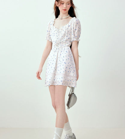 White Floral Lace-trimmed Neckline Dress