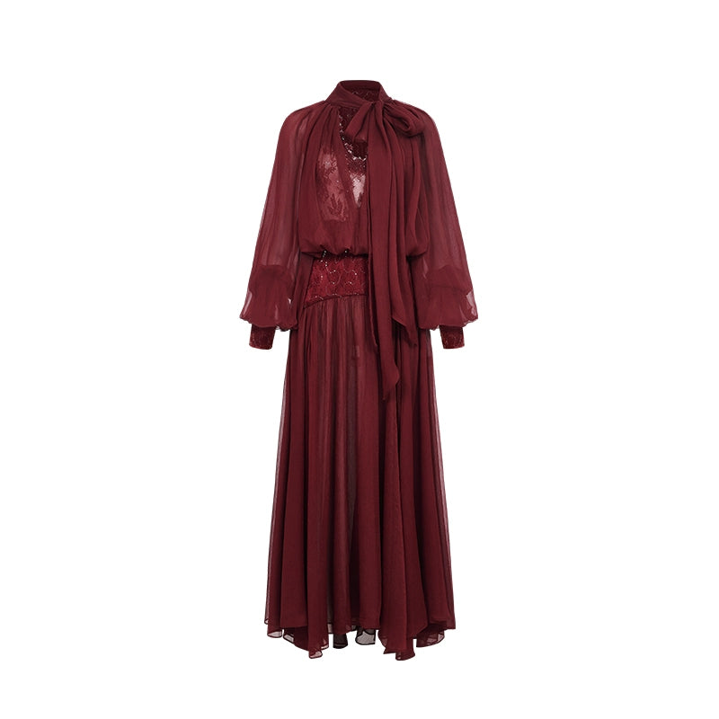 Milena Chiffon Lace Lantern Sleeve Midi Dresse