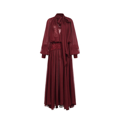 Milena Chiffon Lace Lantern Sleeve Midi Dresse