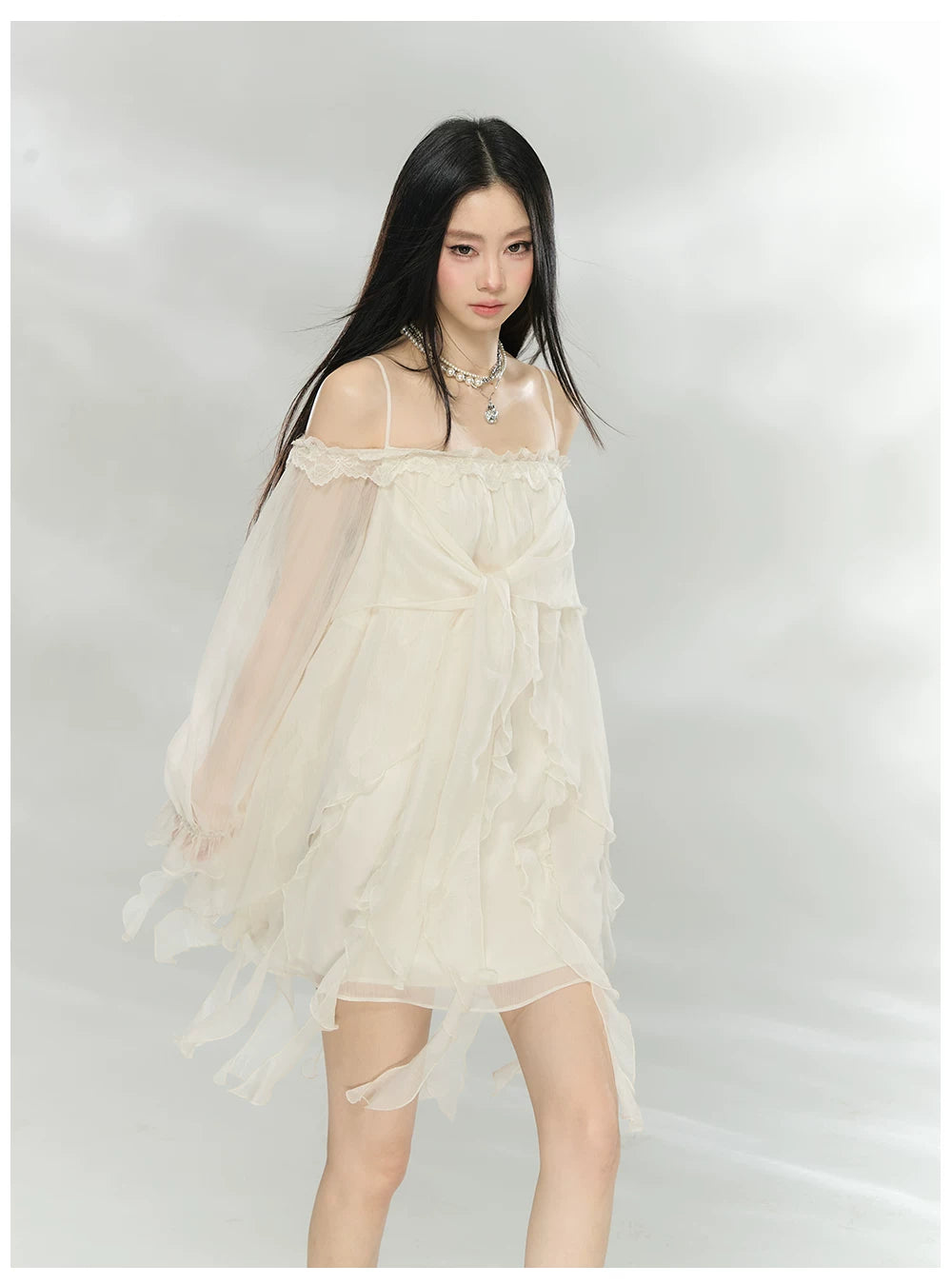 Lace-Trim Off-Shoulder Chiffon Dress
