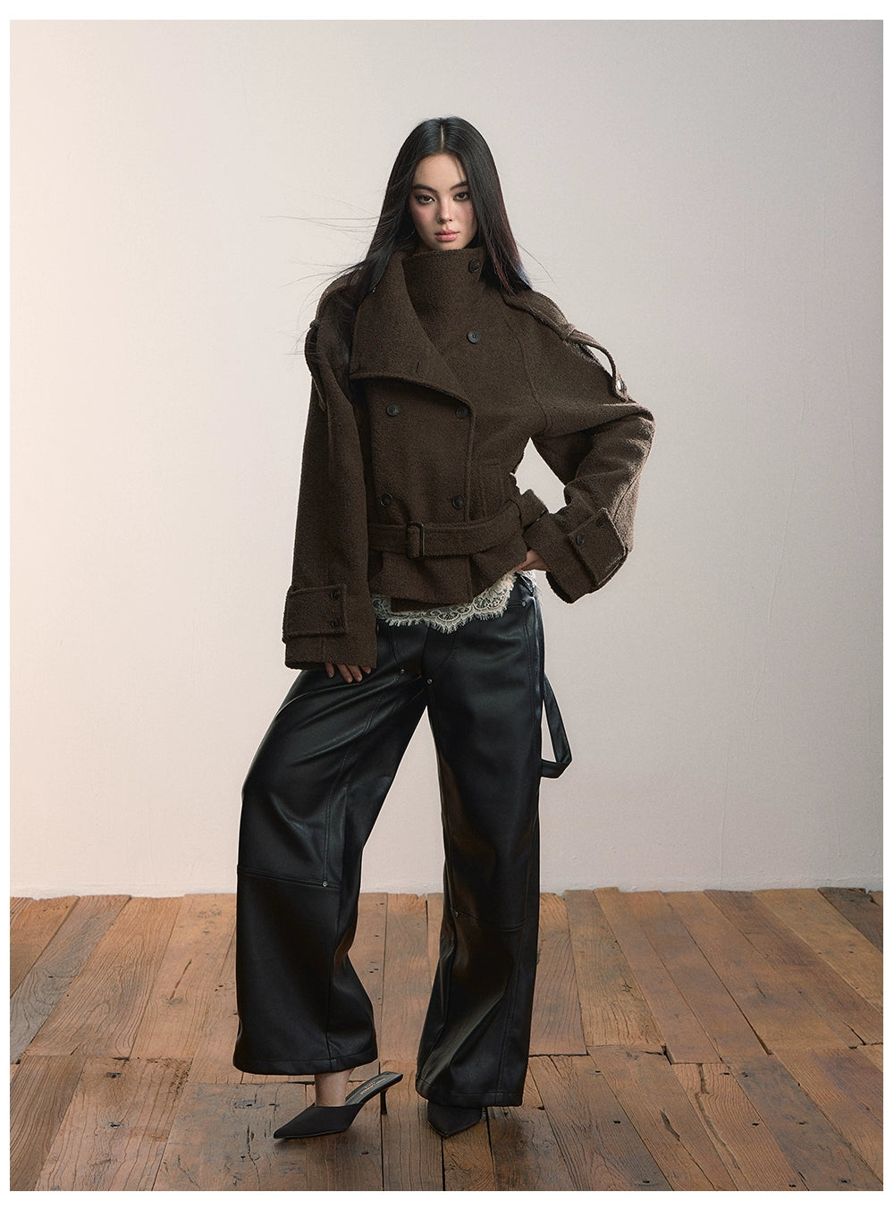 Contrast Double-Breasted Wool-Blend Belted Jacket