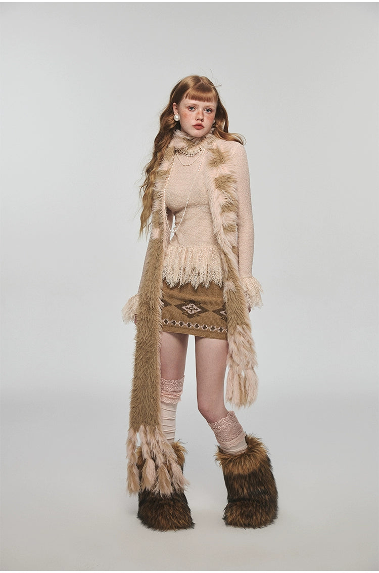 Letter Tassel Mink Fur Embossed Scarf - CHINASQUAD