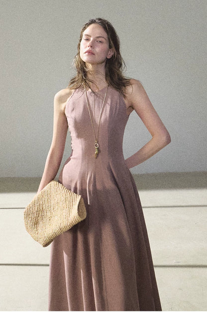Golden Thread Linen-Blend Sleeveless A-Line Maxi Dress