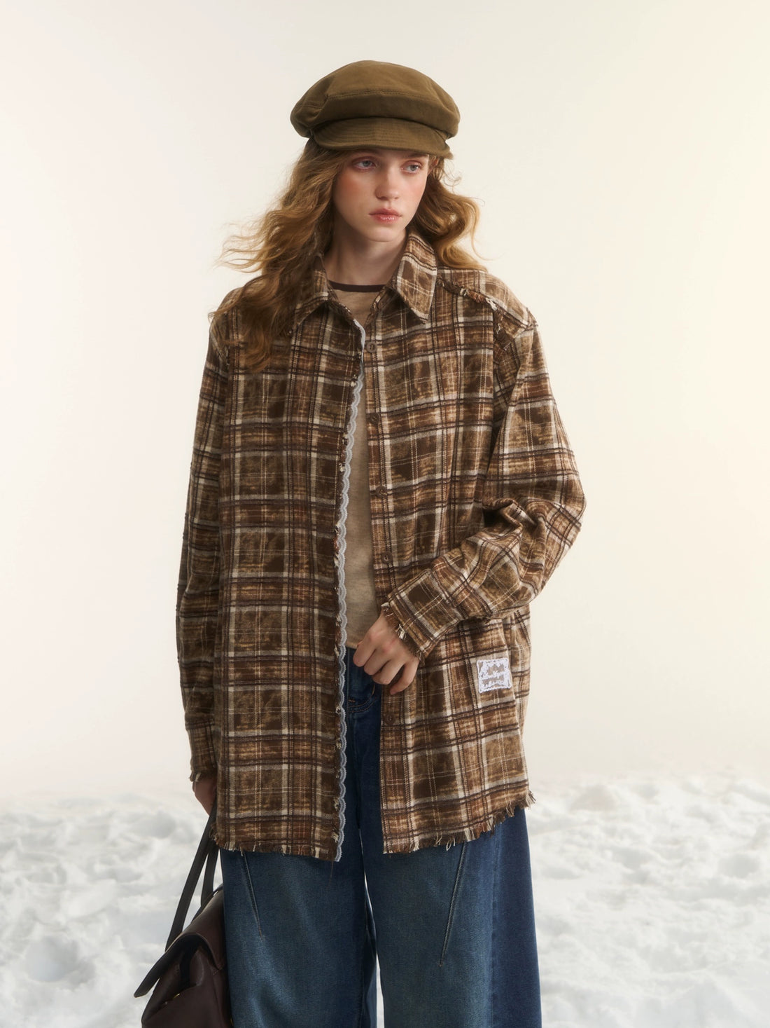 Oversized Lace-Trim Patchwork Plaid Shirt