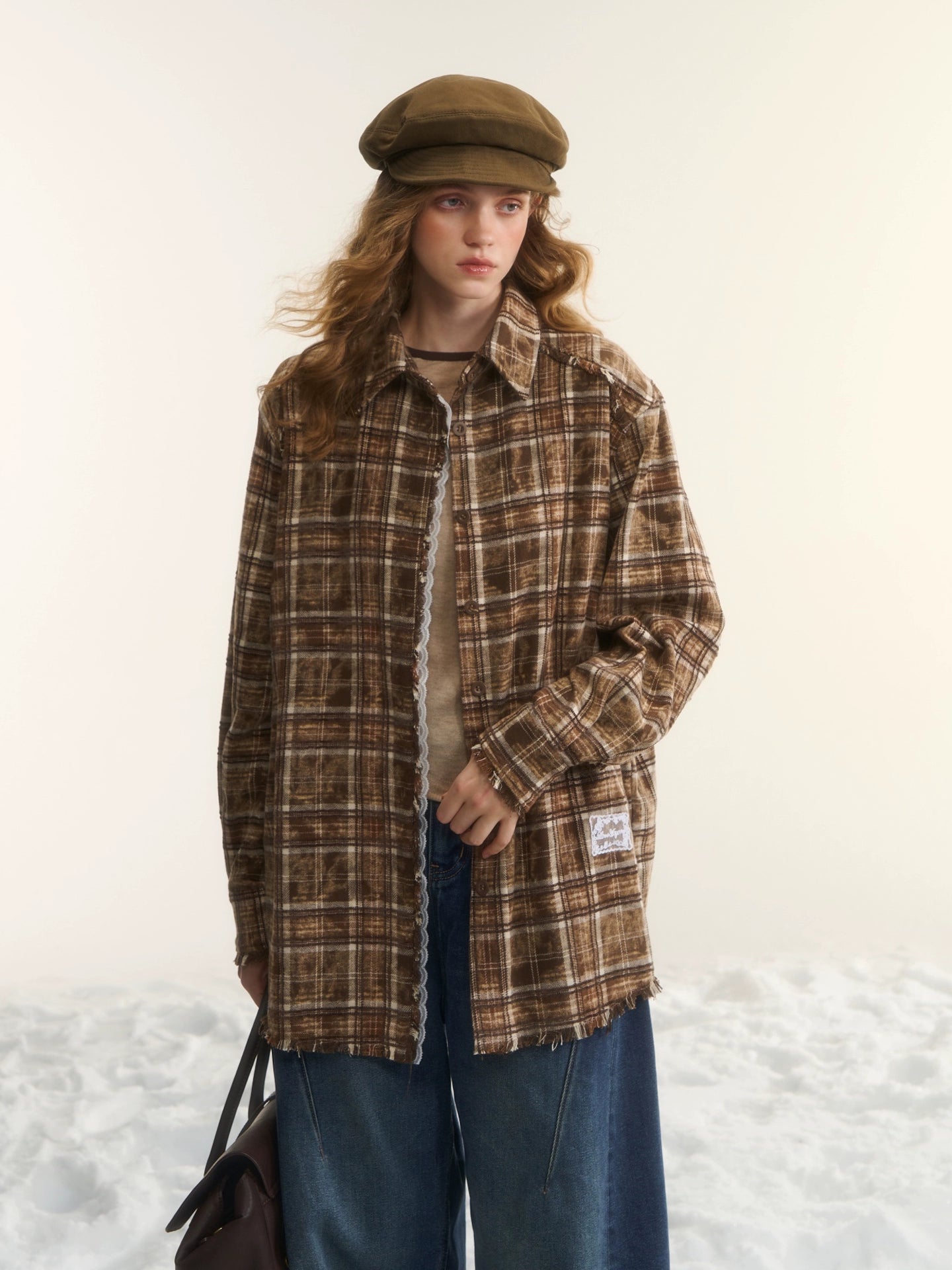 Oversized Lace-Trim Patchwork Plaid Shirt