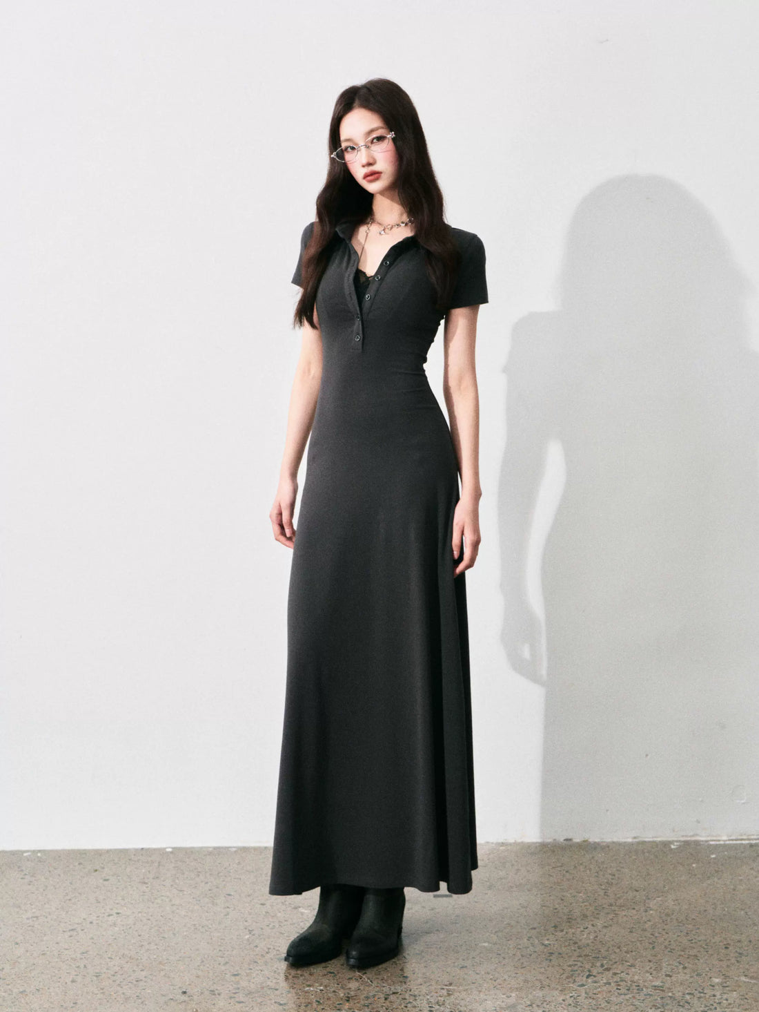 Half-Placket Polo Collar Knit Maxi Dress