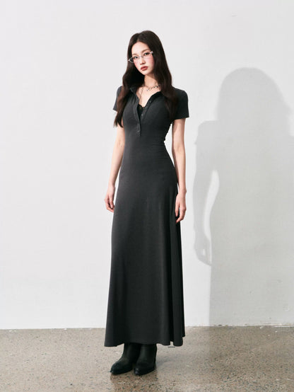 Half-Placket Polo Collar Knit Maxi Dress